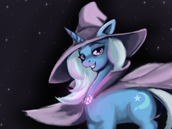 Size: 3200x2400 | Tagged: safe, artist:gunslingerpen, character:trixie, species:pony, species:unicorn, cape, clothing, dark, female, glow, hat, high res, mare, night, solo, stars, trixie's cape, trixie's hat