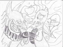 Size: 1024x760 | Tagged: safe, artist:toon-n-crossover, character:ahuizotl, character:mane-iac, ship:mane-zotl, dialogue, evil love, heart, monochrome, pencil drawing, phineas and ferb, reference, shipping, speech bubble, traditional art
