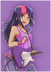 Size: 1280x1810 | Tagged: safe, artist:derpiihooves, character:twilight sparkle, species:human, april fools, canter girls, clothing, cute little fangs, electric guitar, fangs, female, guitar, humanized, musical instrument, open mouth, smiling, solo, starswirl academy, tai saito, tank top
