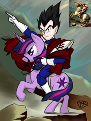 Size: 1500x2000 | Tagged: safe, artist:taharon, character:twilight sparkle, character:twilight sparkle (unicorn), species:pony, species:unicorn, bridle, crossover, dragon ball z, duo, female, fine art parody, frown, glare, looking at you, male, mare, napoleon bonaparte, napoleon crossing the alps, pointing, rearing, reins, riding, tack, vegeta