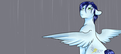 Size: 1280x576 | Tagged: safe, artist:azure-doodle, character:soarin', species:pony, gray background, looking up, male, rain, simple background, sitting, solo, spread wings, stallion, wet mane, wings