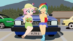 Size: 1191x670 | Tagged: safe, artist:garretthegarret, character:fluttershy, character:rainbow dash, comic:a weekend away, my little pony:equestria girls, alternate hairstyle, bare shoulders, belly button, car, clothing, dress, eating, midriff, renault avantime, skirt, sleeveless, strapless, triumph, triumph acclaim