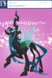 Size: 698x1037 | Tagged: safe, artist:tarajenkins, character:queen chrysalis, species:changeling, ask, awesome face, changeling queen, cupidite, dialogue, faec, fangs, female, flehmen response, hoers, horses doing horse things, looking up, nightmare fuel, raised hoof, smiling, solo, standing, tumblr, uguu