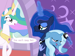 Size: 3000x2220 | Tagged: safe, artist:dazed-and-wandering, character:princess celestia, character:princess luna, character:trixie, ship:luxie, brushie, duckface, female, high res, lesbian, pouting, shipping