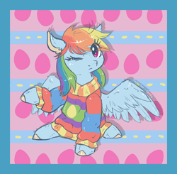Size: 886x868 | Tagged: safe, artist:kyaokay, character:rainbow dash, species:pegasus, species:pony, clothing, female, looking at you, one eye closed, oversized clothes, rainbow dash always dresses in style, raised hoof, sitting, solo, spread wings, sweater, wings