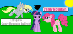 Size: 900x420 | Tagged: safe, artist:death-driver-5000, artist:ecto-500, character:derpy hooves, character:pinkie pie, character:twilight sparkle, species:pegasus, species:pony, charlie the unicorn, female, mare, parody