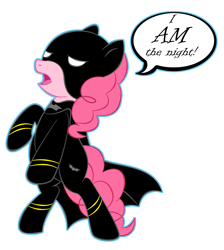 Size: 1564x1744 | Tagged: safe, artist:zomgitsalaura, character:pinkie pie, batman, dialogue, female, simple background, solo, transparent background