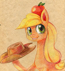 Size: 814x900 | Tagged: safe, artist:lexx2dot0, character:applejack, apple, clothing, female, hat, looking at you, smiling, solo, traditional art
