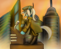 Size: 1500x1200 | Tagged: safe, artist:gunslingerpen, character:trixie, species:pony, species:unicorn, clothing, dieselpunk, female, hat, mare, microphone, podium, solo
