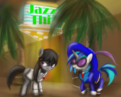 Size: 1280x1024 | Tagged: safe, artist:gunslingerpen, character:dj pon-3, character:octavia melody, character:vinyl scratch, clothing, hat, suit