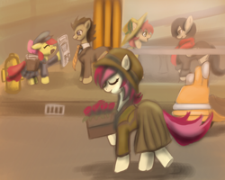Size: 1500x1200 | Tagged: safe, artist:gunslingerpen, character:apple bloom, character:doctor whooves, character:roseluck, character:time turner, oc, clothing, flower, hat, newspaper, rose