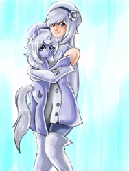 Size: 6000x8000 | Tagged: safe, artist:checkerboardazn, species:pony, species:unicorn, absurd resolution, aila jyrkiainen, clothing, cute, evening gloves, funnel cake, gloves, gundam, gundam build fighters, holding a pony, hug, looking at you, looking back, painting, ponified, smiling