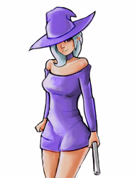 Size: 2550x3300 | Tagged: safe, artist:checkerboardazn, character:trixie, species:human, choker, clothing, elf ears, female, hat, humanized, looking at you, short dress, smiling, solo, sweater, sweater dress, unicorns as elves, wizard hat
