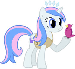 Size: 931x858 | Tagged: safe, artist:liggliluff, oc, oc only, oc:princess paradise, species:bird, species:pony, species:unicorn, animal team, raised hoof, simple background, solo, tiara, transparent background, vector, winter wrap up vest