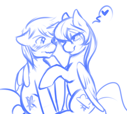 Size: 1000x900 | Tagged: safe, artist:azure-doodle, character:cloud kicker, oc, oc:gyro tech, species:pony, species:unicorn, blushing, canon x oc, cloudro, female, heart, hug, looking at each other, male, mare, monochrome, shipping, sketch, smiling, stallion, straight, winghug