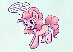 Size: 1000x720 | Tagged: safe, artist:steveholt, character:pinkie pie, species:earth pony, species:pony, cute, dialogue, dissonant caption, female, grimcute, mare, open mouth, revolution, smiling, solo, speech bubble, text, three quarter view