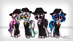 Size: 2000x1125 | Tagged: safe, artist:esuka, character:bon bon, character:dj pon-3, character:lyra heartstrings, character:octavia melody, character:sweetie drops, character:vinyl scratch, clothing, fedora, glasses, hat, suit