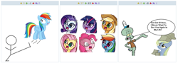Size: 777x277 | Tagged: safe, artist:angrynoahs, artist:checkerboardazn, character:applejack, character:fluttershy, character:pinkie pie, character:rainbow dash, character:rarity, character:twilight sparkle, derpibooru, exploitable meme, juxtaposition, juxtaposition win, mane six, meme, meta, squidward tentacles