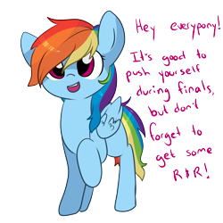 Size: 1000x1000 | Tagged: safe, artist:rue-willings, character:rainbow dash, advice, cute, dashabetes, female, finals, looking at you, meta, open mouth, raised hoof, smiling, solo