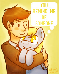 Size: 500x623 | Tagged: safe, artist:steveholt, character:derpy hooves, species:pony, crossover, cute, doctor who, holding a pony, hug, smiling, tenth doctor, thought bubble