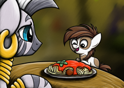 Size: 1754x1240 | Tagged: safe, artist:rambopvp, character:pipsqueak, character:zecora, species:earth pony, species:pony, species:zebra, colt, cute, female, male, meatballs, pipsqueak eating spaghetti, ponies eating meat, spaghetti