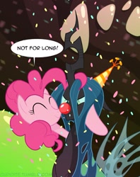 Size: 1171x1479 | Tagged: safe, artist:tarajenkins, character:pinkie pie, character:queen chrysalis, species:changeling, changeling queen, clown nose, cupidite, female, party cannon, red nose