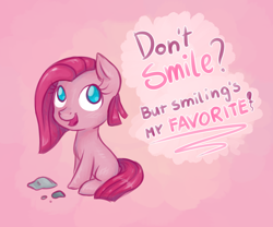 Size: 1024x853 | Tagged: safe, artist:kyaokay, character:pinkamena diane pie, character:pinkie pie, cute, cuteamena, female, filly, rock, smiling, solo, younger