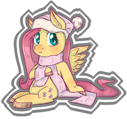 Size: 1024x959 | Tagged: safe, artist:kyaokay, character:fluttershy, species:pegasus, species:pony, clothing, colored hooves, female, hat, looking at you, looking sideways, scarf, simple background, sitting, solo, spread wings, sticker, transparent background, wings