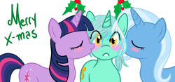Size: 1280x597 | Tagged: safe, artist:azure-doodle, artist:vaderpl, character:lyra heartstrings, character:trixie, character:twilight sparkle, species:pony, species:unicorn, ship:twyra, blush sticker, blushing, eyes closed, female, holly, holly mistaken for mistletoe, kiss on the cheek, kiss sandwich, kissing, lesbian, mare, merry christmas, sexually confused lyra, shipping, simple background, surprise kiss, surprised, white background