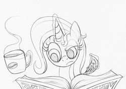 Size: 800x566 | Tagged: safe, artist:rambopvp, character:trixie, species:pony, species:unicorn, book, coffee, female, mare, monochrome, solo, studying