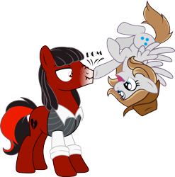 Size: 2590x2625 | Tagged: safe, artist:daydreamsyndrom, oc, oc only, oc:florid, species:earth pony, species:pegasus, species:pony, boop, duo, flying, freckles, nose wrinkle, open mouth, red and black oc, scrunchy face, smiling, spread wings, upside down, wide eyes, wings