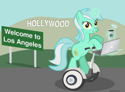 Size: 2670x1977 | Tagged: safe, artist:misteraibo, character:lyra heartstrings, species:pony, bipedal, bipedal leaning, coffee, coffee cup, female, hollywood, leaning, los angeles, macbook, segway, solo, starbucks, vector