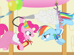 Size: 2600x1946 | Tagged: safe, artist:liggliluff, artist:wjmmovieman, character:pinkie pie, character:rainbow dash, species:earth pony, species:pegasus, species:pony, angry, assisted exposure, balloon, clothing, dress, female, fire extinguisher, hanging, hanging wedgie, hook, mare, panties, panty pull, prank, purple underwear, smiling, striped underwear, sweater, underwear, vector, wedgie