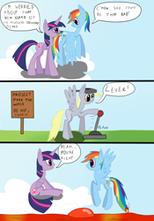Size: 2866x4083 | Tagged: safe, artist:iados, character:derpy hooves, character:rainbow dash, character:twilight sparkle, character:twilight sparkle (alicorn), species:alicorn, species:pegasus, species:pony, boatmurdered, cloud, comic, dialogue, dwarf fortress, eye contact, female, flying, frown, helmet, lava, lever, lidded eyes, looking at each other, mare, open mouth, pan, pan helmet, sign, sitting, smiling, speech bubble, spread wings, this will end in fire, too dumb to live, wings, worried