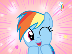Size: 1600x1200 | Tagged: safe, artist:s.guri, character:rainbow dash, americano exodus, cute, dashabetes, female, happy, heart, looking at you, open mouth, parody, smiling, solo, stars, uvula, vector, wink