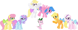 Size: 4227x1660 | Tagged: safe, artist:itoruna-the-platypus, character:applejack (g1), character:firefly, character:posey, character:sparkler (g1), character:spike, character:surprise, g1, g1 six, g1 to g4, generation leap, simple background, tail bow, transparent background, vector