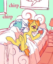 Size: 400x486 | Tagged: safe, artist:susu, character:fleetfoot, character:spitfire, ship:fleetfire, alarm clock, bed, blanket, female, hangover, lamp, lesbian, lying down, morning after, on back, on side, pillow, shipping, tired, underhoof, wavy mouth