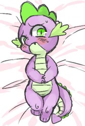 Size: 316x470 | Tagged: safe, artist:susu, character:spike, species:dragon, baby, baby dragon, bed, blushing, cute, fangs, green eyes, male, nervous, on back, solo, spikabetes, sweat, sweatdrop