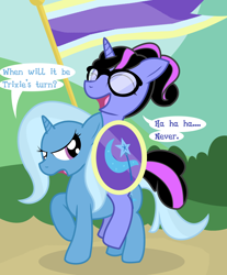 Size: 2000x2416 | Tagged: safe, artist:dazed-and-wandering, character:trixie, oc, oc:pixelkitties, high res, riding
