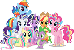 Size: 10000x6750 | Tagged: safe, artist:caliazian, character:applejack, character:fluttershy, character:pinkie pie, character:rainbow dash, character:rarity, character:spike, character:twilight sparkle, character:twilight sparkle (alicorn), species:alicorn, species:pony, episode:twilight's kingdom, g4, my little pony: friendship is magic, .ai available, absurd resolution, clothing, cowboy hat, female, group, group photo, group shot, hat, let the rainbow remind you, looking at you, mane seven, mane six, mare, open mouth, rainbow power, simple background, song, stetson, transparent background, vector