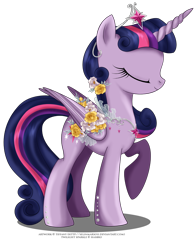 Size: 1312x1670 | Tagged: safe, artist:tiffanymarsou, part of a set, character:twilight sparkle, character:twilight sparkle (alicorn), species:alicorn, species:pony, alternate hairstyle, beautiful, crown, eyes closed, female, flower, flower in hair, horn, jewelry, mare, may festival, regalia, simple background, solo, tiara, transparent background, wings
