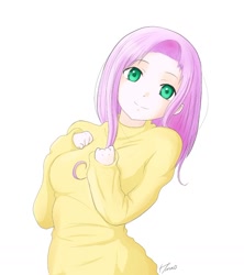 Size: 900x1015 | Tagged: safe, artist:derpiihooves, character:fluttershy, species:human, g4, clothing, female, humanized, looking at you, simple background, smiling, solo, sweater, sweatershy, white background