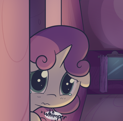 Size: 1280x1260 | Tagged: safe, artist:spikedmauler, character:sweetie belle, crying, female, floppy ears, looking at you, peeking, sad, scared, solo, wavy mouth