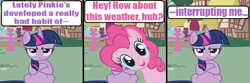 Size: 1080x360 | Tagged: safe, artist:death-driver-5000, character:pinkie pie, character:twilight sparkle, comic, garfield, grumpy twilight, purple text, vector