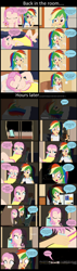 Size: 3950x13930 | Tagged: dead source, safe, artist:garretthegarret, character:fluttershy, character:rainbow dash, comic:a weekend away, my little pony:equestria girls, alternate hairstyle, barefoot, bed, clothing, comic, feet, hot, hotel room, human coloration, ice, pajamas, toothbrush, vacation