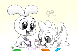 Size: 500x350 | Tagged: safe, artist:drjavi, character:spike, species:dragon, species:rabbit, anais watterson, crayon, crossover, cute, drawing, markers, the amazing world of gumball, traditional art