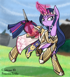 Size: 1000x1100 | Tagged: safe, artist:thattagen, character:twilight sparkle, armor, bedroom eyes, clothing, crossover, dress, female, frown, horn jewelry, horn ring, hyrule warriors, jewelry, looking at you, magic, princess zelda, running, solo, sword, telekinesis, the legend of zelda, twizelda, warrior twilight sparkle, weapon