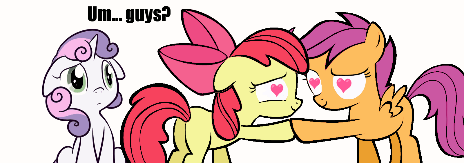 Size: 1600x562 | Tagged: safe, artist:spikedmauler, character:apple bloom, character:scootaloo, character:sweetie belle, species:pegasus, species:pony, ship:scootabloom, animated, eye contact, female, floppy ears, frown, heart, heart eyes, holding hooves, lesbian, raised eyebrow, shipping, sitting, sliding, smiling, third wheel, wide eyes, wingding eyes