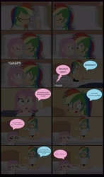 Size: 3950x6700 | Tagged: dead source, safe, artist:garretthegarret, character:fluttershy, character:rainbow dash, comic:a weekend away, my little pony:equestria girls, alternate hairstyle, barefoot, bed, clothing, comic, feet, hotel room, implied flutterdash, night, pajamas, shirt, shorts, sleeping, sleepwalking, surprised, vacation