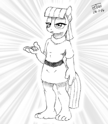 Size: 500x575 | Tagged: safe, artist:drjavi, character:boulder, character:maud pie, species:anthro, species:plantigrade anthro, barefoot, feet, female, monochrome, solo